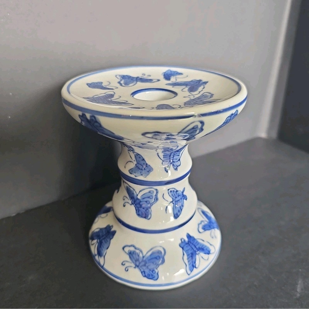 Blue White Porcelain Butterfly Candlestick Holder Chinoiserie Taper Candle 4.5"